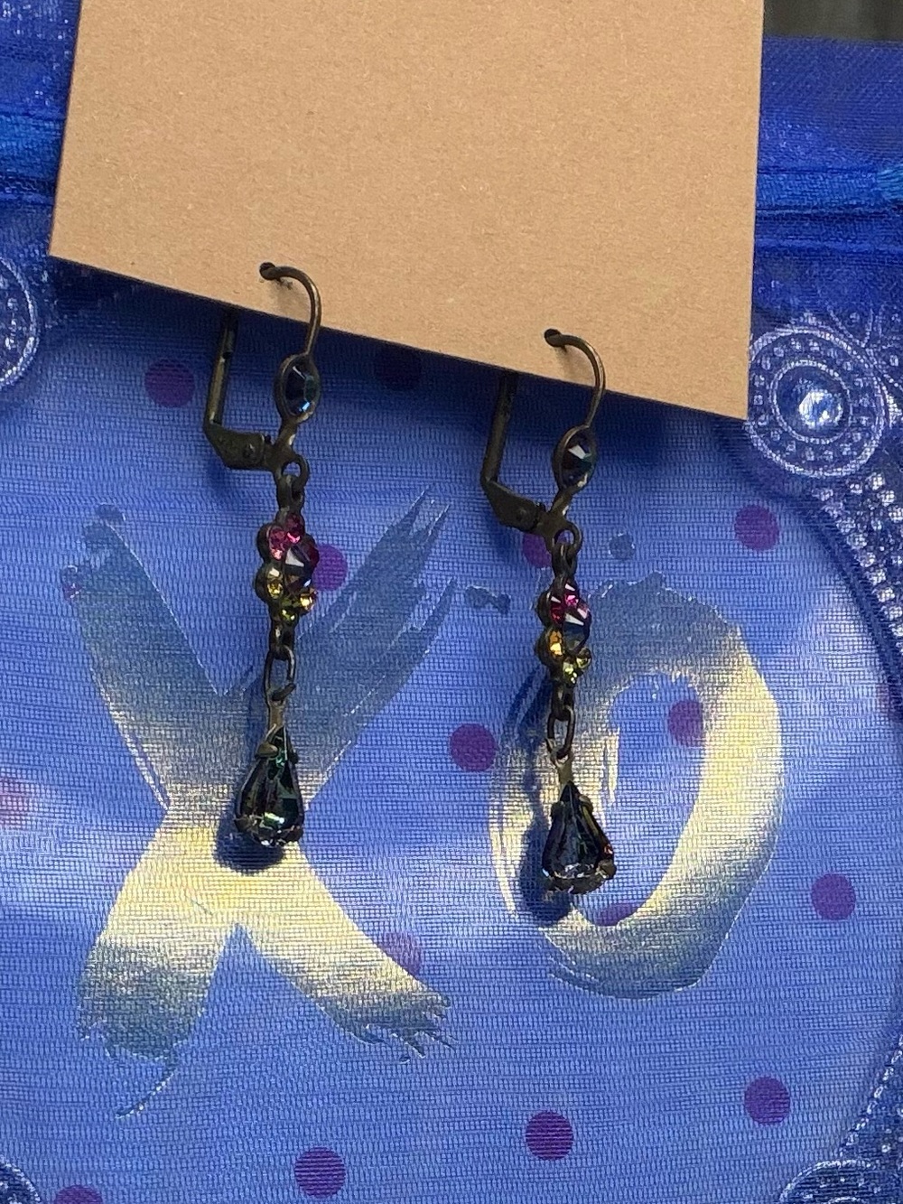 Victorian Revival Faceted Jewel Tone Crystal Drop Earrings Bronze